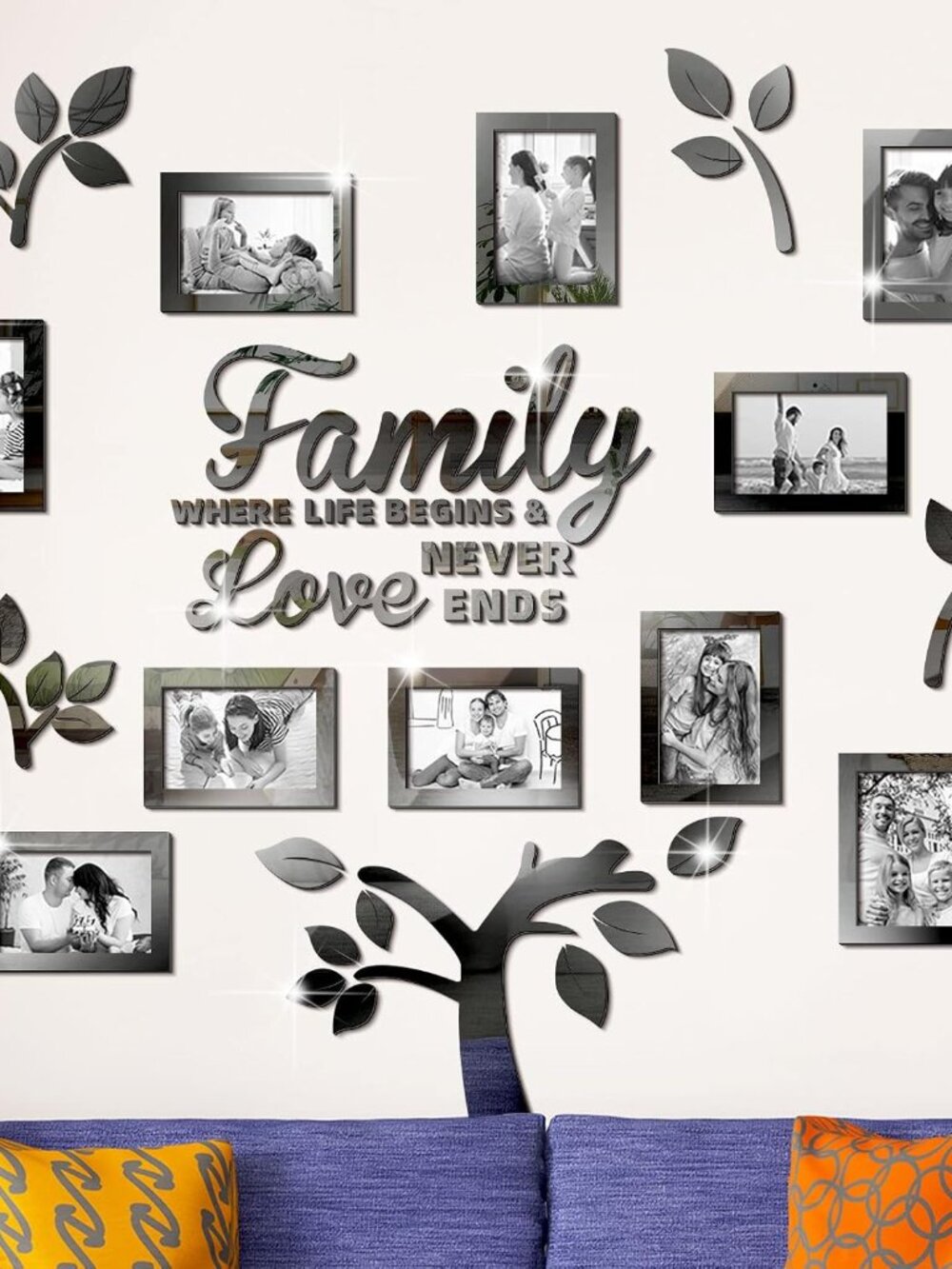 Family Tree Wall Decal Acrylic 3D DIY Mirror Sticker Photo, Black